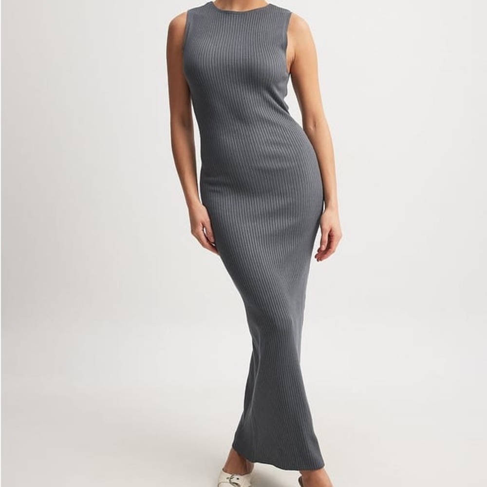 NA-KD Dark Grey Ribbed Fitted Maxi Dress